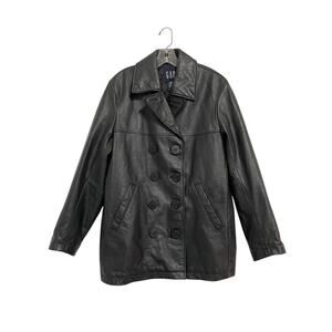VTG 90s Y2K Old Gap Black Leather Peacoat Double Breasted Mens XS EU 42-44